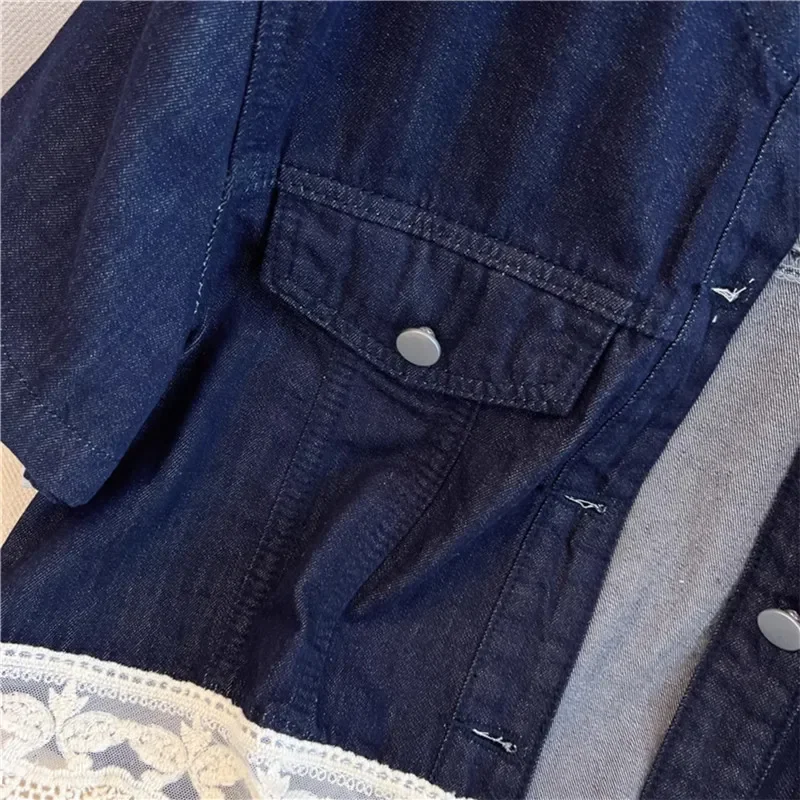 Summer New Thin Dark Blue Slim Short Denim Jacket Women Round Neck Single-Breasted Short Sleeve Lace Patchwork Jeans Jacket Coat