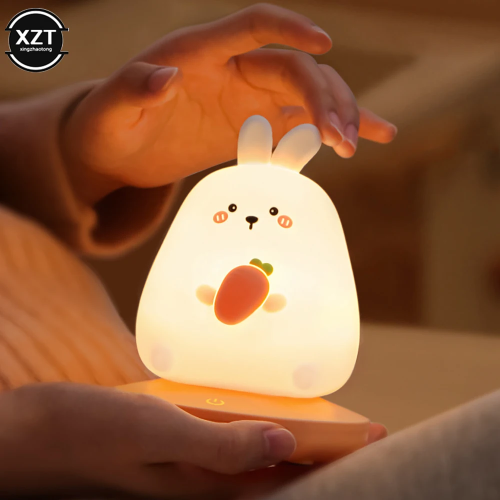 LED Silicone Lamp for Children Cute Animal Pig Rabbit Touch Sensor Dimmable Kid Holiday Gift Rechargeable Bedroom Night Light