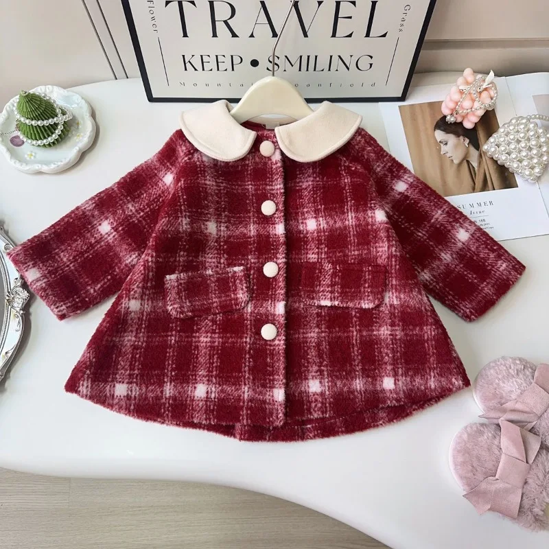 

Зимнее шерстяное пальто с хлопковой подкладкой для девочек 2025 года, стильное праздничное пальто с рюшами на воротнике для детей, теплая зимняя верхняя одежда для детей в возрасте