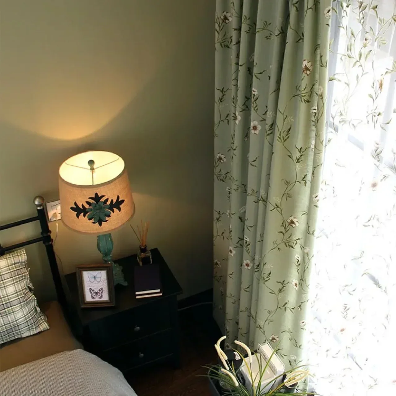 Cortinas de algodón y lino con estampado de flores y pájaros verdes para sala de estar, dormitorio, comedor, partición, balcón, personalización