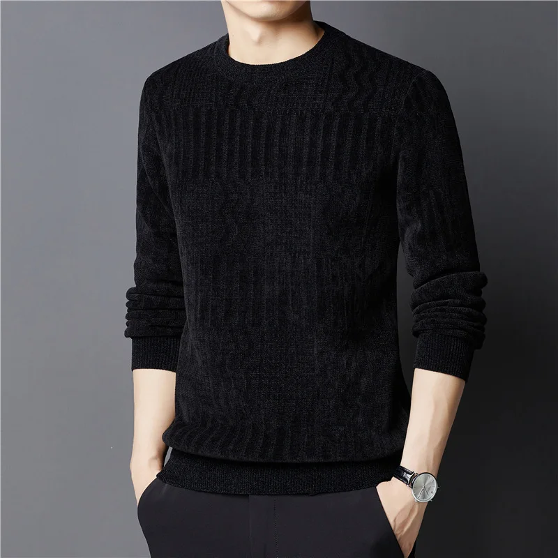 Thiened Fce Men's Sweater Winter Warm Base Layer Knitwear Pure Color Mid-aged Men's Clothing Casual round Ne Sweater