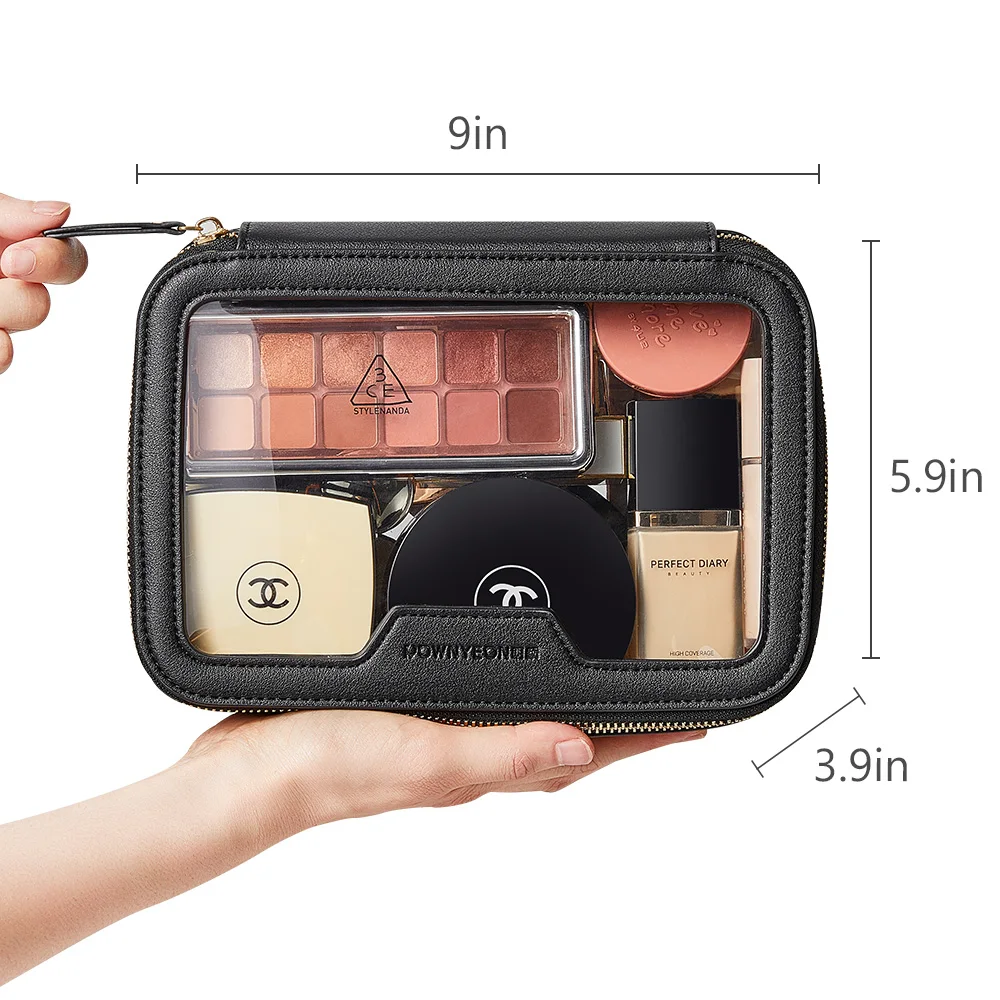 Rownyeon Clear Makeup Case Toiletry Bag Travel Makeup Train Case Portable Cosmetic Organizer Transparent Bag Black