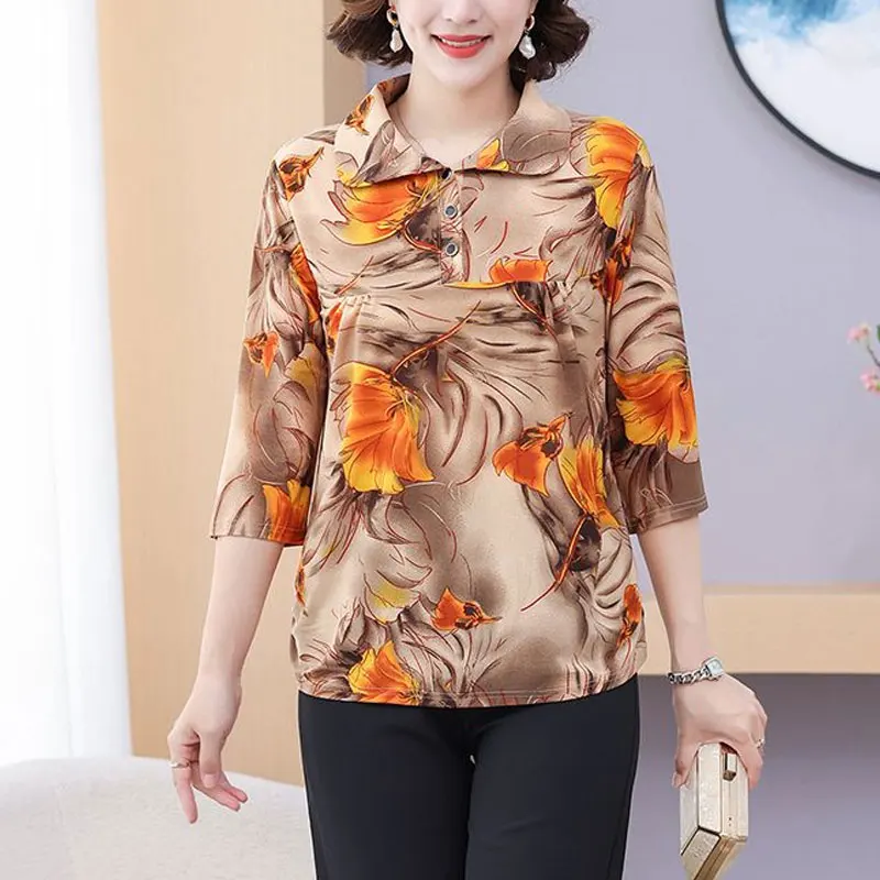 Stylish Peter Pan Collar Button Shirt Summer Thin 3/4 Sleeve Female Clothing Vintage Floral Printed Casual Spliced Loose Blouse