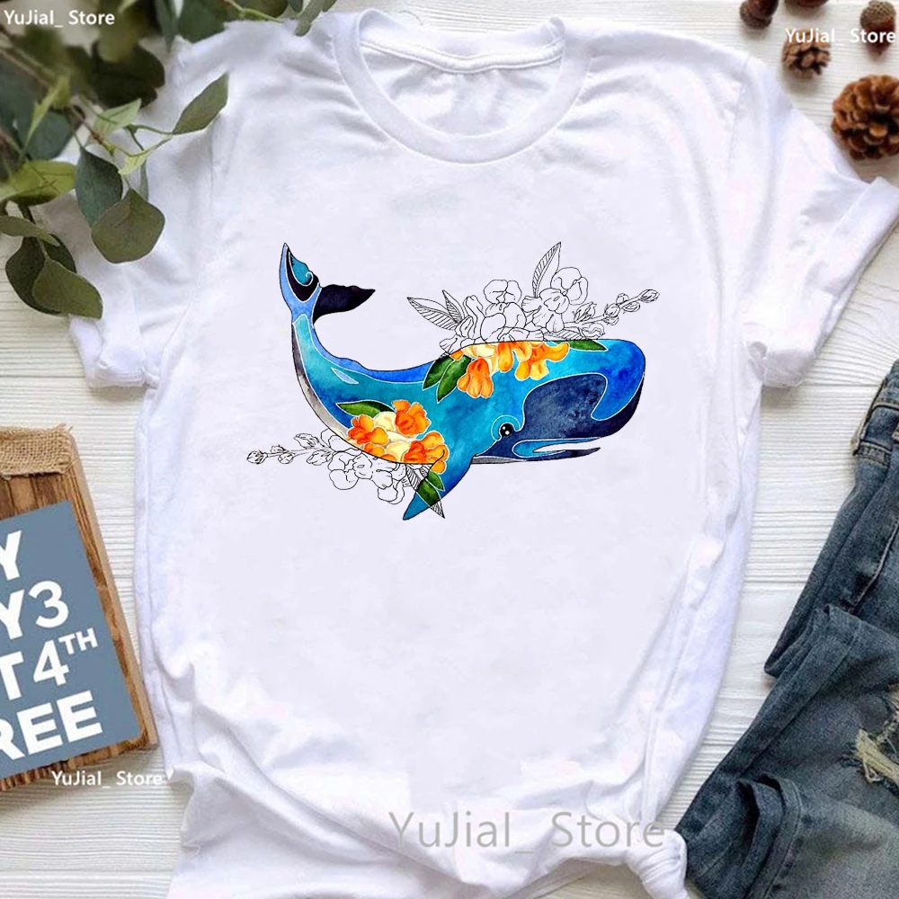 

Blue Cachalot Whale With Flowers Print T Shirt Girls Summer Fashion Short Sleeve Tshirt Femme Aesthetic Clothes White T-Shirt