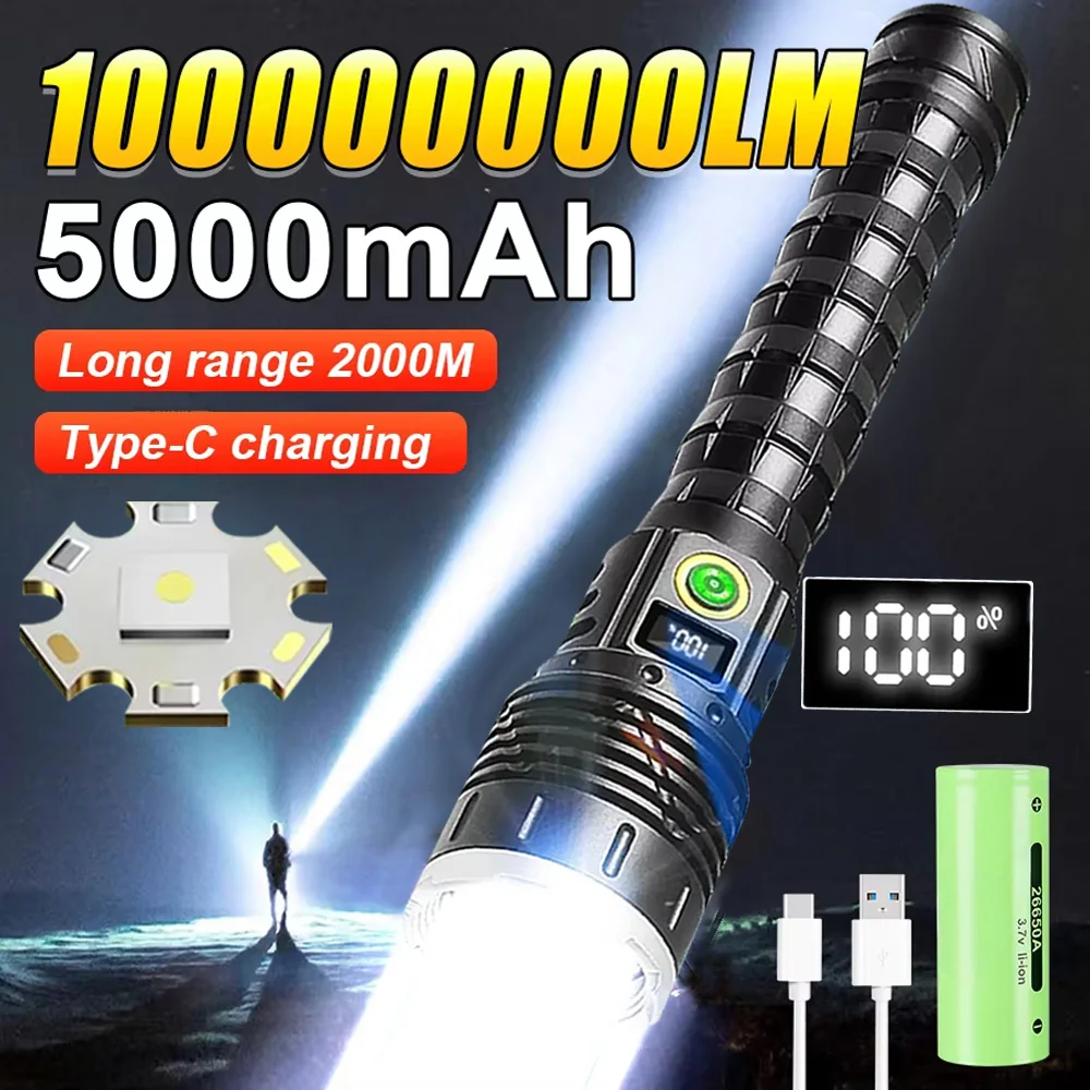 

1000000lm Most Powerful Led Flashlight Rechargeable Type-c Flashlight Long Range 2000m Tactical Torch Light For Fishing Hunting