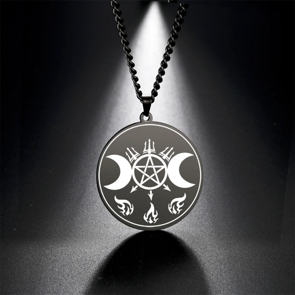 EUEAVAN Wicca Triple Moon Goddess Pagan Necklace Pentagram Fire Trident Round Pendant Necklaces Vintage Witchcraft Charm Jewelry