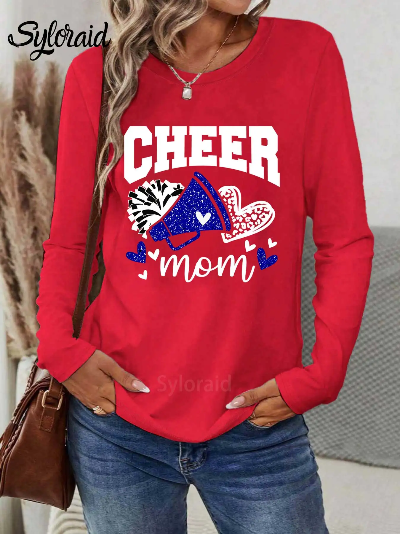 تي شيرت نسائي بأكمام طويلة تي شيرت Cheer Mom جرافيك تي شيرت Coquette Bow Shirt Game Day تي شيرت عصري برقبة دائرية كاجوال #3