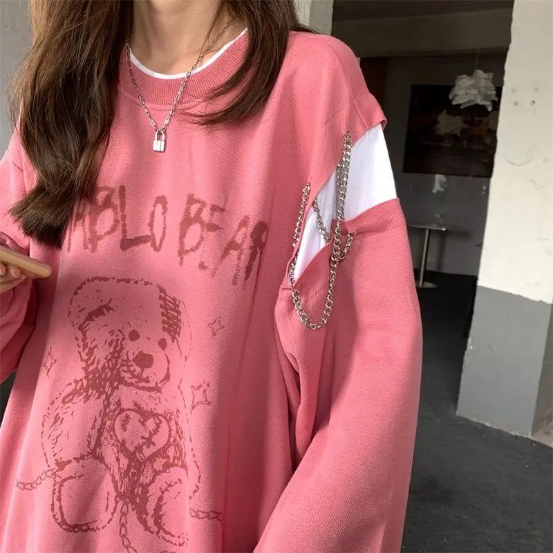 

Street Pullover Bear Print Sweatshirt Pink Patchwork Chain Preppy Style Fake Two Piece Couple Clothes Harajuku Streetwear Hip Ho