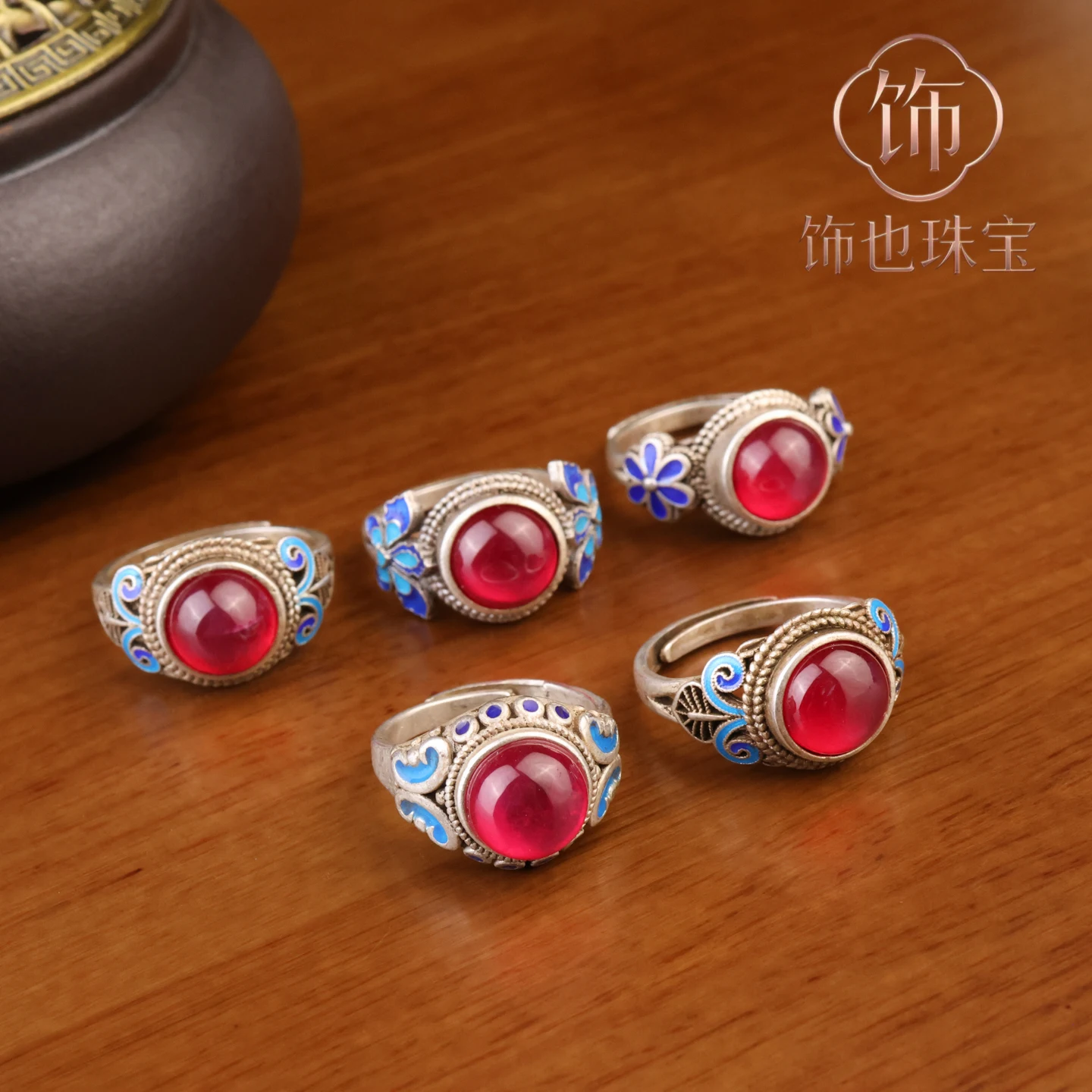 Antique Collection Cloisonne Old Silver Ring Seiko Inlaid Starlight Gemstone Miao Silver Open Ring Gift Silver Jewelry view 6