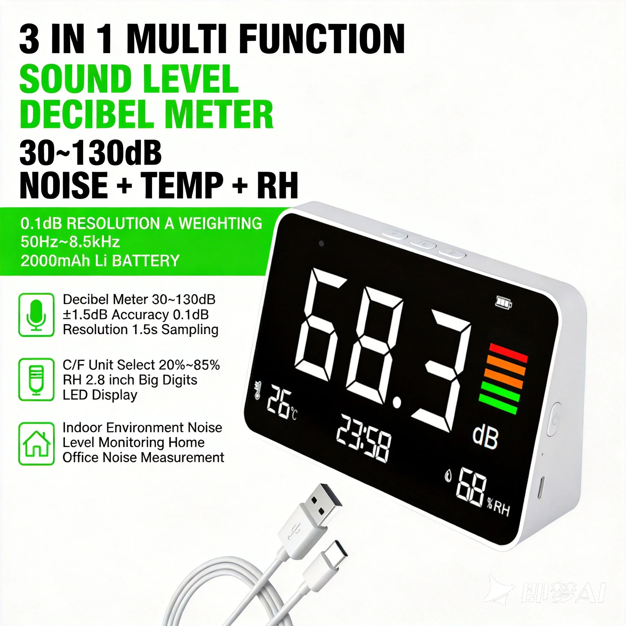 Digital Sound Level Meter Noise Meter 30-130dBA Data Hold MAX/MIN 0Backlight Wall Mountable Holdpeak DM219N