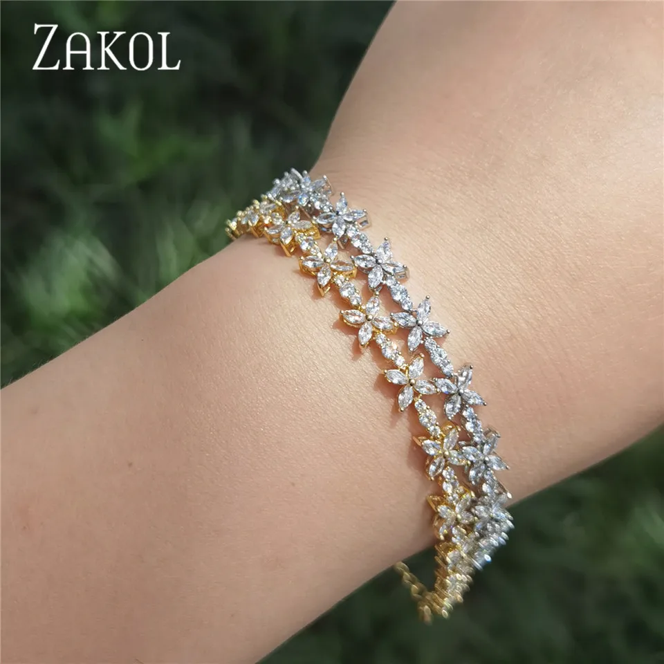 ZAKOL New Gold Color Cubic Zirconia Leaf Charm Bracelet & Bangles for Women Trendy CZ Crystal Bride Wedding Jewelry BP2255