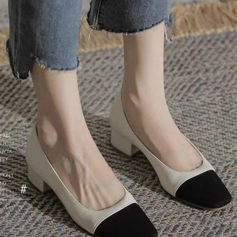 Plus Size 35-42 Women\'s Black Toe Pumps Square Toe Boat Shoes Patchwork Mid Heels Dress Shoes Square Heels Slip on Basic Pump