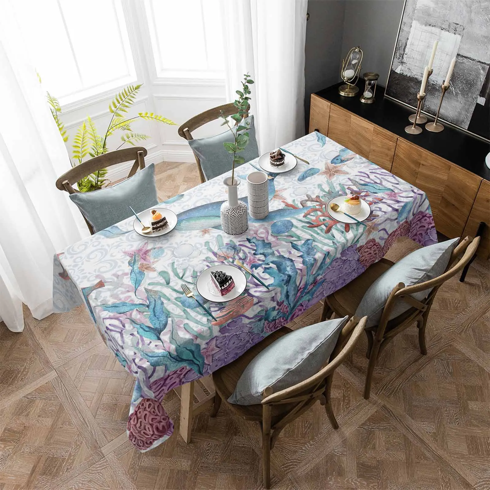 

Summer Watercolor Ocean Shells Whales Starfish Anti-scalding Waterproof Tablecloth Rectangular Round Table Cover Furnishings