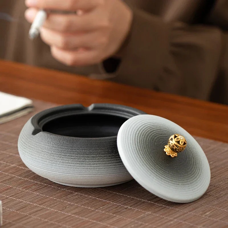 Coarse Pottery Ashtray with Lid Large Creative Office Bedroom Living Room Household Ceramic with Lid Anti-fly Ash Cigarette Case