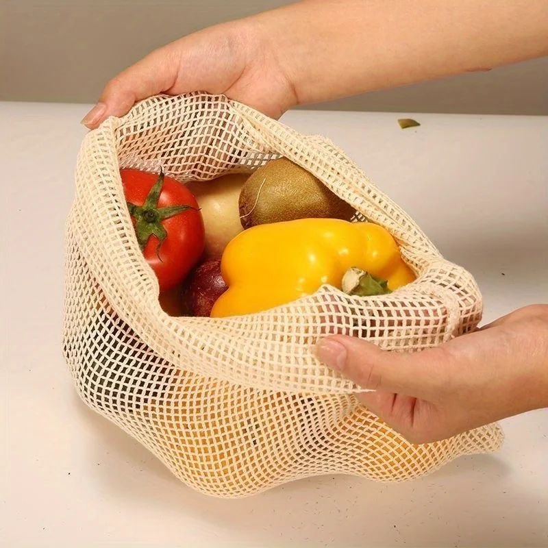 1pc Cotton Mesh Reusable Produce Bags, Mesh Storage Bags with Drawstring for Vegetables, Fruit & Grocery Shopping Reusable