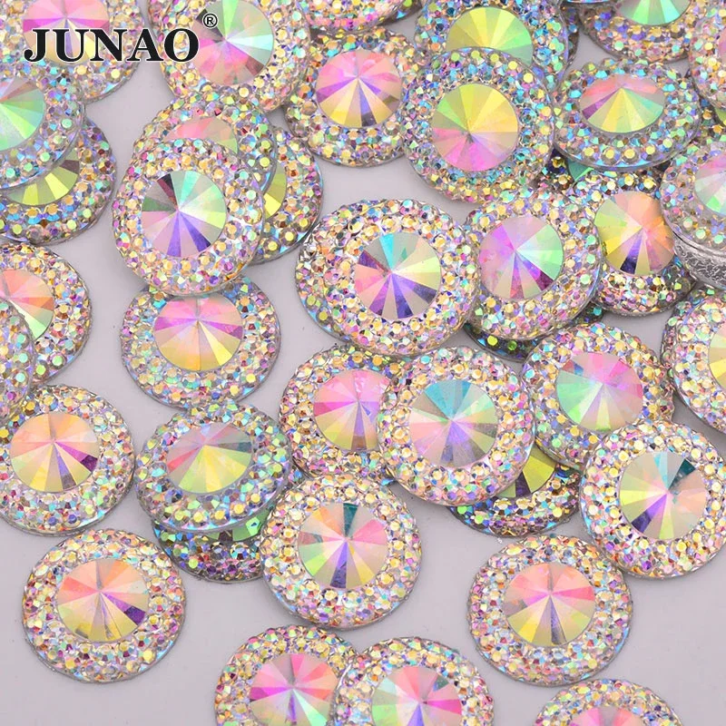 JUNAO 12 14 20 30 mm Glitter AB Flowers Rhinestones Flat Back Resin Strass Crystal Applique Round Stones For Decoration