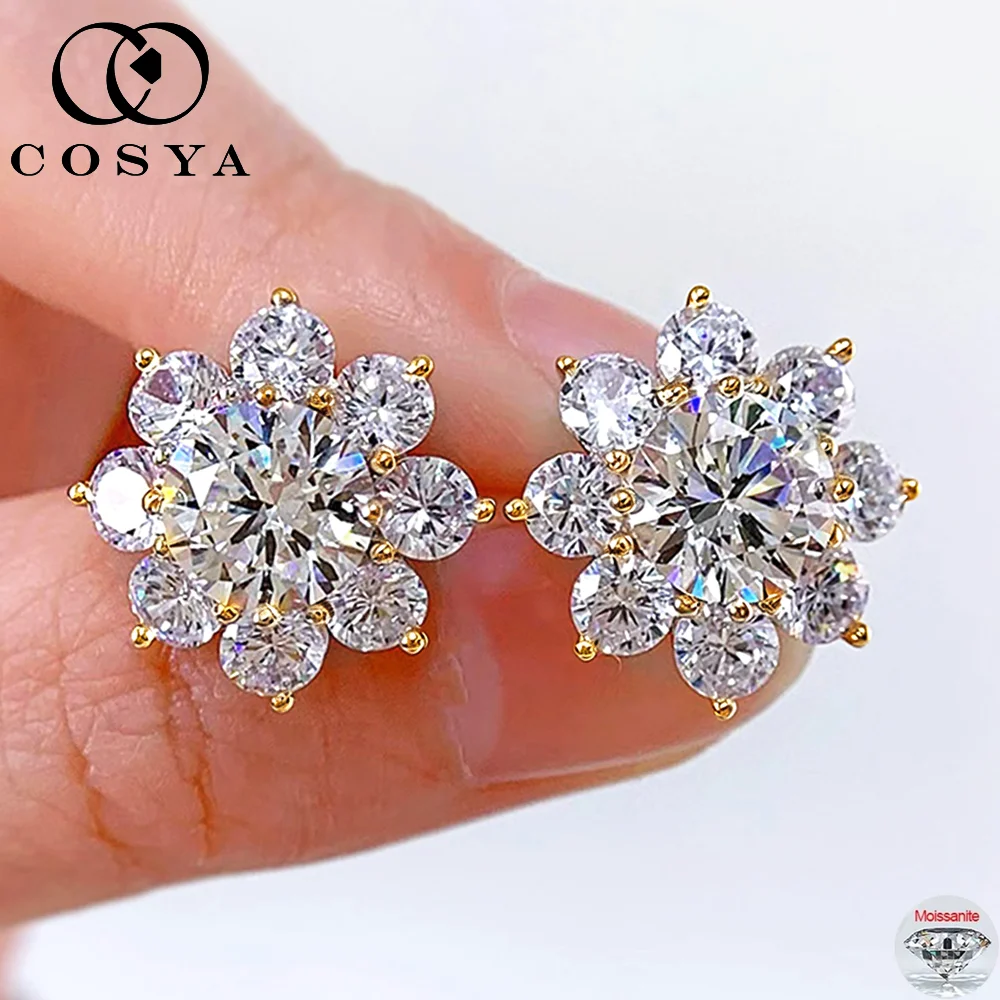 

Серьги COSYA с цветком из муассанита для женщин, из стерлингового серебра 925 пробы с покрытием, лабораторные бриллианты D цвета VVS, серьги-гвоздики, изысканные ювелирные изделия для свадьбы