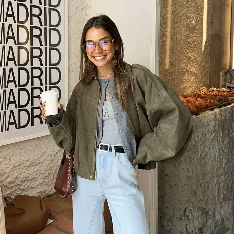 

Loose Bomber Jackets Coats For Women Fashion Turn-down Collar Long Sleeve Coats Casual Female Outerwear Chic Tops