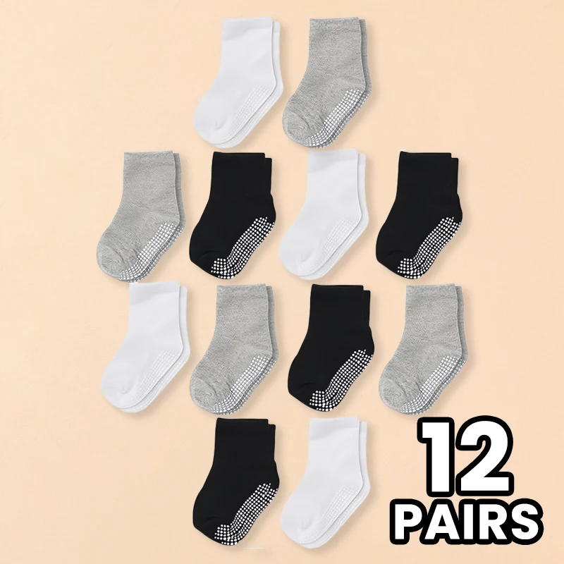 12 pairs kid's basic point-attached socks, baby plain-colored floor socks, baby walking socks, trampoline socks, versatile