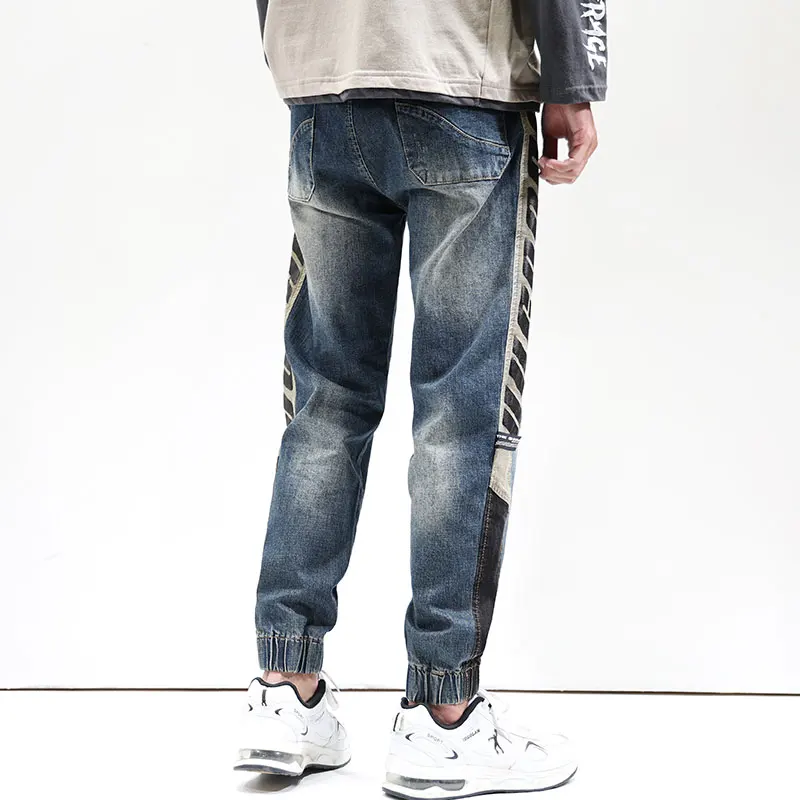 Jeans Men Oversize Pants Harem Joggers Elastic Waist Streetwear Side Striped Tapered Jeans Kpop Loose Fit Male Denim Trousers