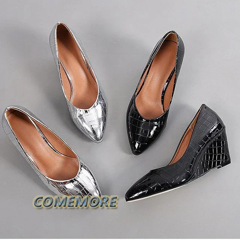 Spring Autumn High Heels Shoes Woman Silver Patent Leather Pumps Wedges Ladies Office Dress Evening Party Pointed Toe Large Size