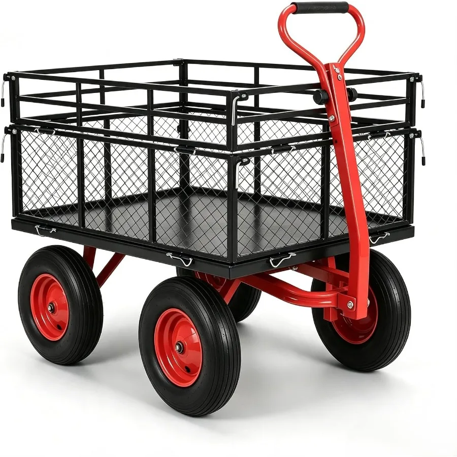 Garden cart for outdoor use, steel construction, black, 1400 lbs capacity with 16 all-terrain tires and removable mesh sides