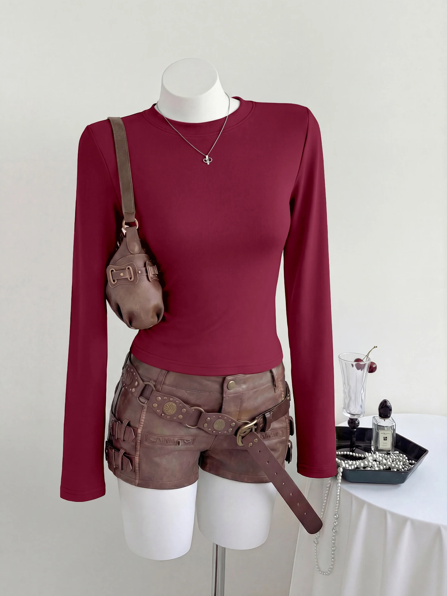 Women Solid Color Crew Neck Long Sleeve Crop T‑Shirt Slim Fitted Cropped Top Casual Daily Wear Basic Layering Streetwear Blouse