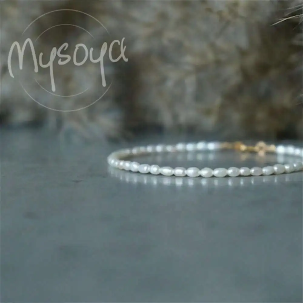 

MYSOYA White Rice-Shaped Freshwater Pearl Bracelet 3-4mm Pearls Gift Box Gift for Her Wedding Jewelry Christmas Anniversary Gift