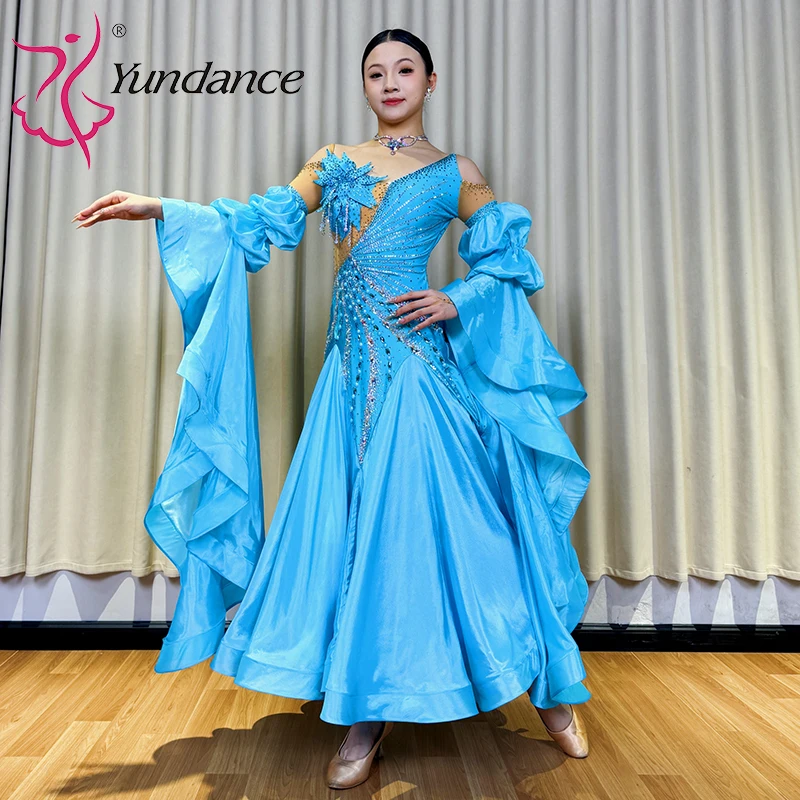 B-25159 vestido de baile de salón para mujer, traje moderno lírico de vals de competición para adultos, gasa satinada con diamantes de imitación azules, LICRA a la venta