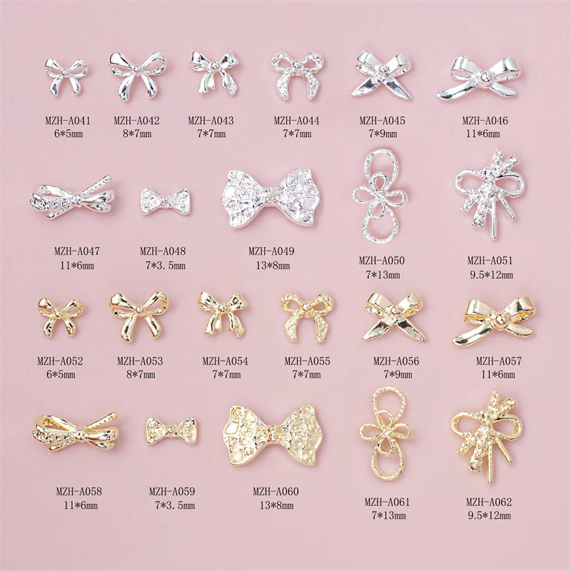 

10pcs/Lot Alloy Nail Art Charms Manicure Gold Silver Flatback Bow Rhinestone For Nail Tips Decor Parts Nail Accessories Supplies