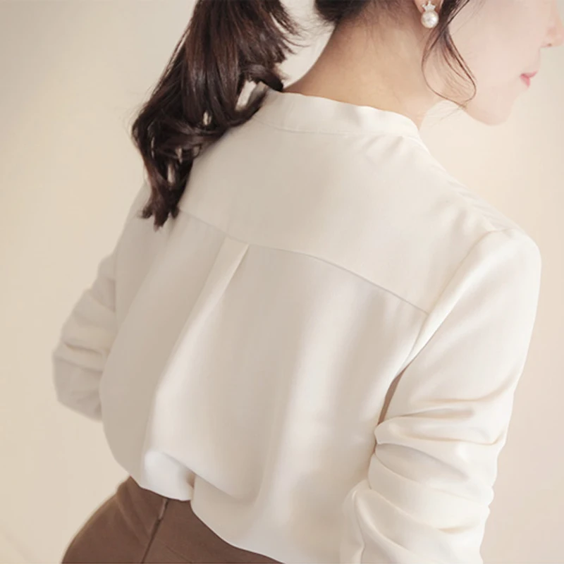 2024 Autumn Long Sleeve White Shirt Women Korean Style V-neck Loose Tops Summer Office Lady Solid Chiffon Blouse Female 9382