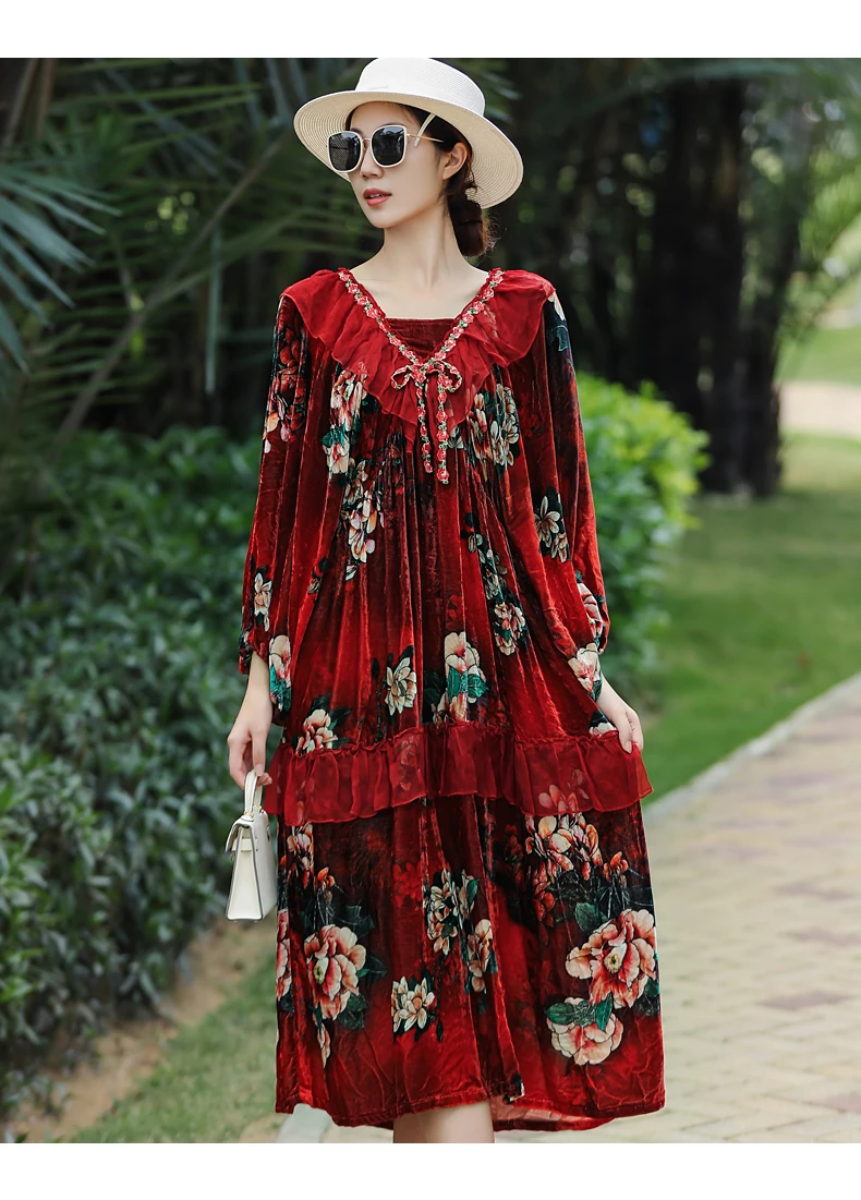 Autumn New Silk + Velvet V-Neck Splicing Lotus Leaf Edge High End Printed Lantern Sleeve Loose Medium length Dress One Size