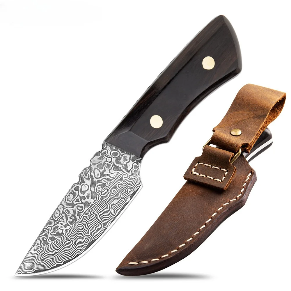 

VG10 Damascus Steel Fixed Blade Knife Full Tang Outdoor Camping Cutting Surivial Small Straight Knives with Ebony Wooden Handle