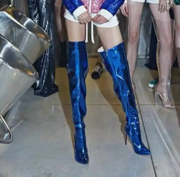 

Blue Sliver Gold Patent Leather Zipper Side Pointed Toe Over The Knee Boots Women Sexy Thin Heels Night Club Thigh Long Boots
