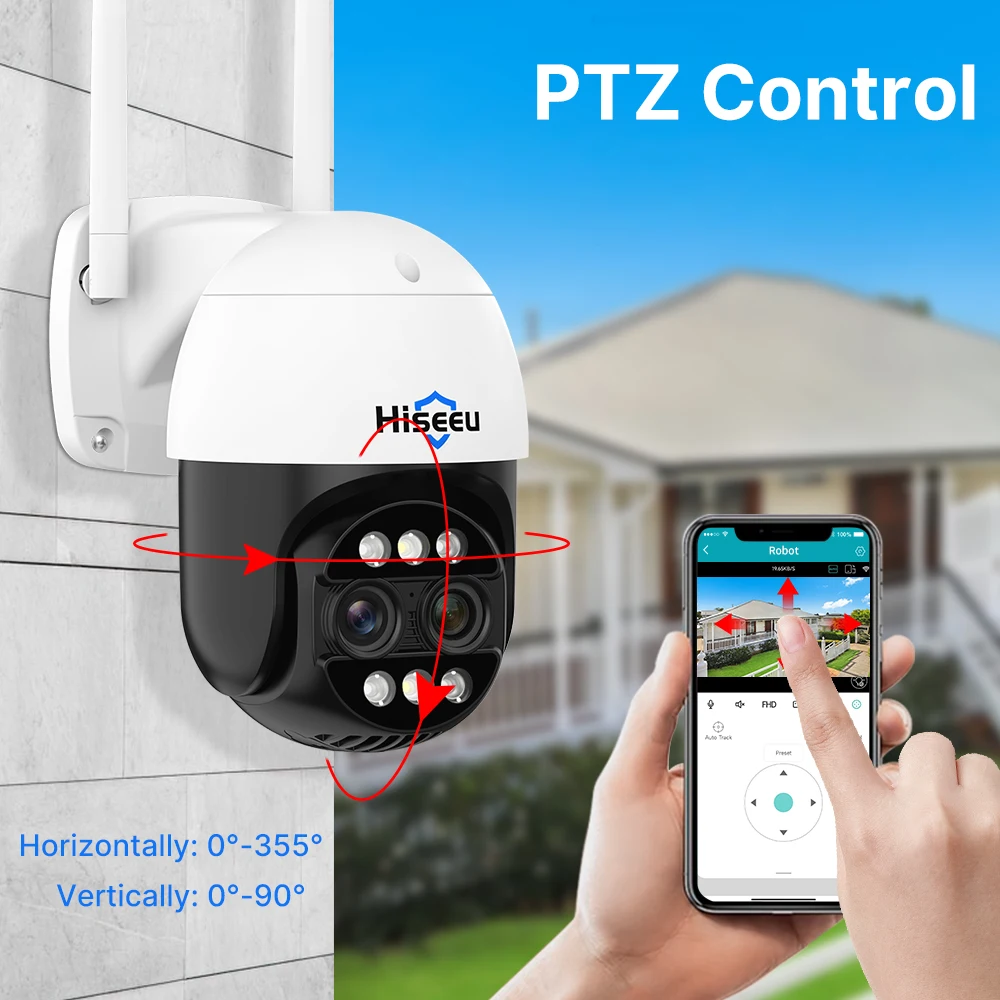 Hiseeu 4K 8MP Wifi PTZ Dual Lens Camera Two-Way Voice AI Tracking Video Wireless IP Surveillance Security Cameras