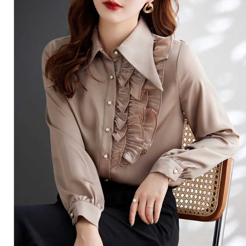 Khaki Long Sleeve Shirt Women Autumn New High End Fashion Temperament Formal Chiffon Blouses Office Ladies Work Tops White