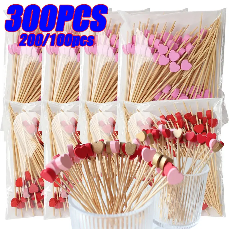 

300/100pcs Love Heart Bamboo Pick Buffet Food Fruit Cocktail Fork Dessert Salad Stick for Picnic Wedding Party Home Supplies