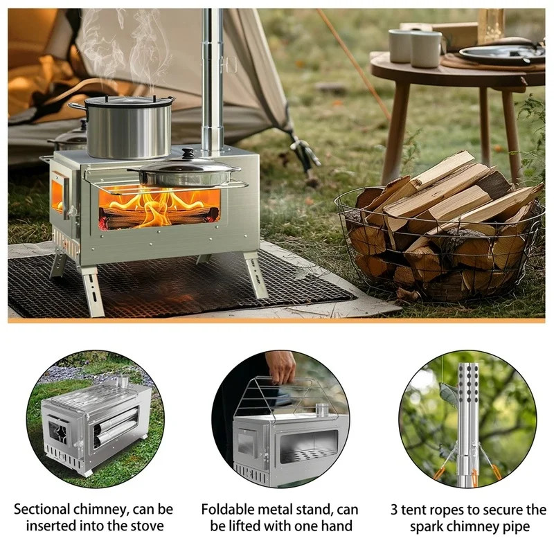Outdoor Portable Wood Burning Stove Stainless Steel Cooking Heater Log Burner with 7 Chimney Pipes for Camping And Cooking