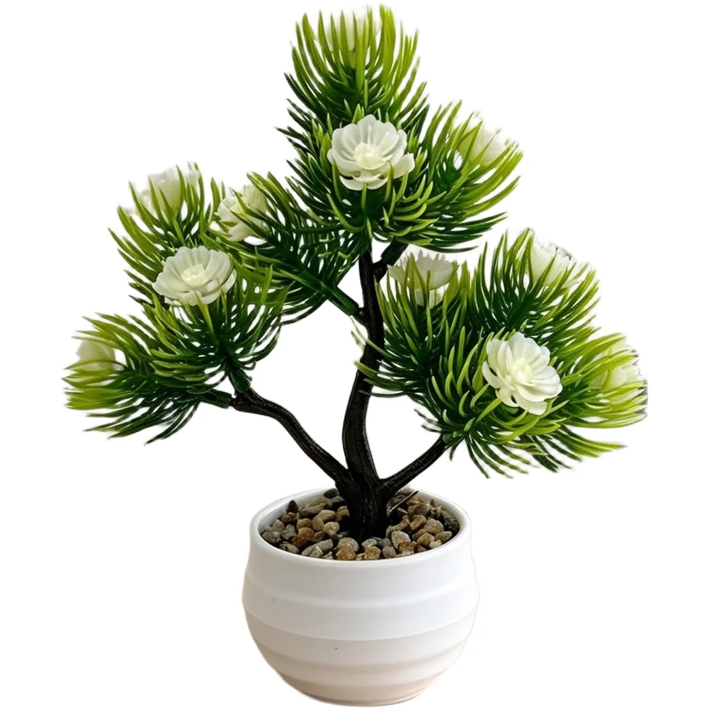 16cm Artificial Pine Bonsai with Purple Bloom Highlights and Classic Shaping for Contemporary For Home Office Aesthetic