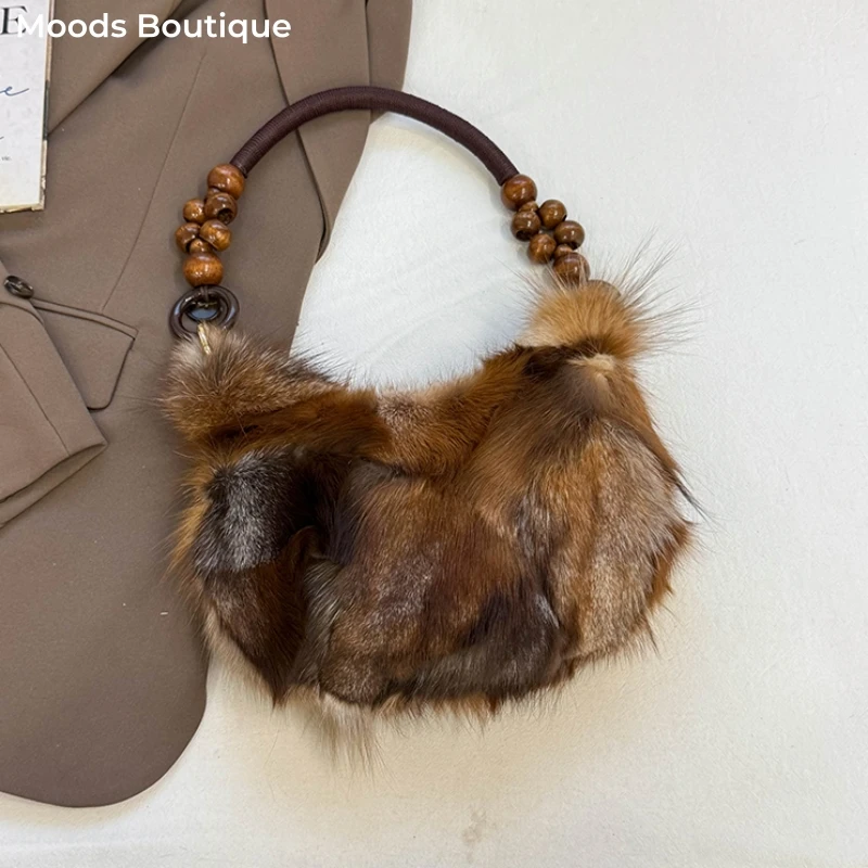 

MOODS Fox Fur Underarm Shoulder Bags For Women 2025 New Winter Warm Luxury Designer Purses And Handbags Dinner Party Evening Bag