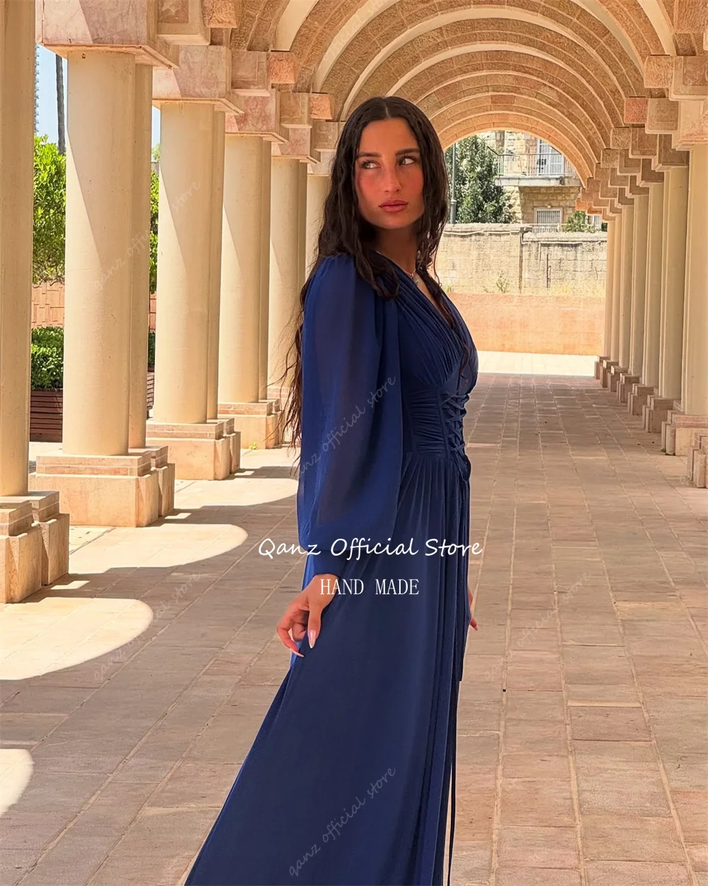 فستان Qanz باللون الأزرق الملكي من الشيفون للحفلات الراقصة بأكمام طويلة منتفخة فستان سهرة رسمي للنساء بفتحة عالية رداء دعوة Mariage دبي مخصص #4