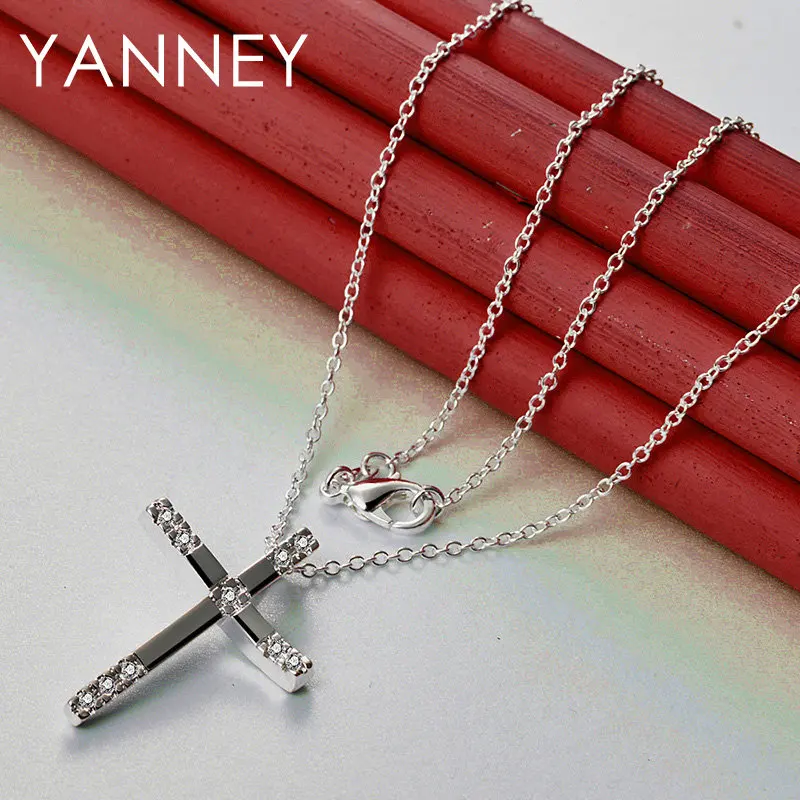 16-30 Inches Charm 925 Sterling Silver 30MM AAA Zircon Cross Necklace For Women Men Fashion Wedding Jewelry Party Gift