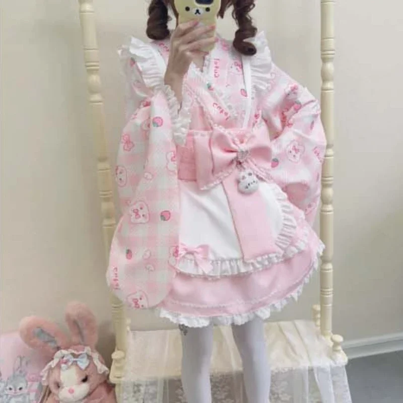 Sweet Cute Bunny Strawberry Print Bow Princess Party Dresses Pink Women Lolita Maid Dress Set Japanese Kawaii Lolita Style Dress