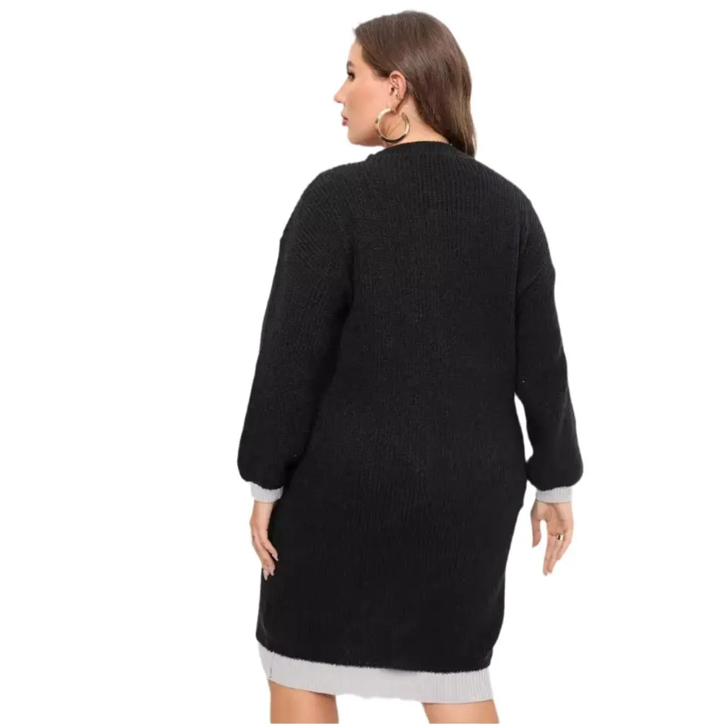 Women's Large Size V-neck Woven Sweater Dress European American Style Contrast Color Stitching Hip Sweater