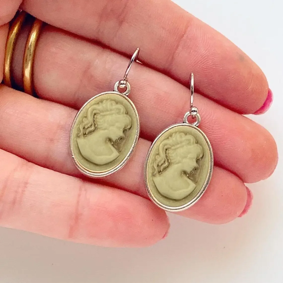 Vintage Steampunk Lady Cameo Cabochon Silver and Bronze Jewelry Pendant Earrings