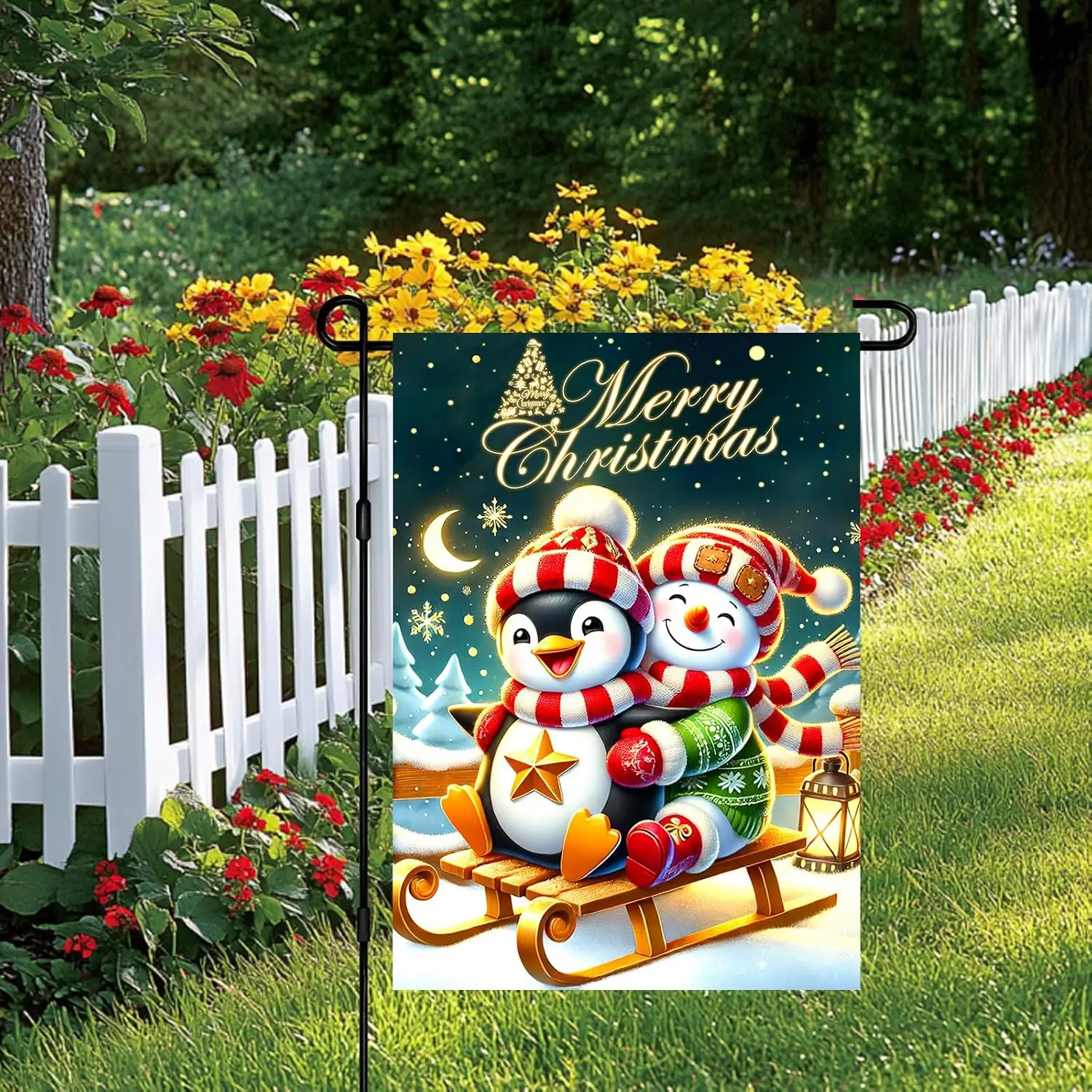 Christmas Garden Flag 12x18 Inch Double Sided Penguin Snowman Flag Sleigh Ride Yard Banner Holiday Outdoor Decor Winter Lawn UUX