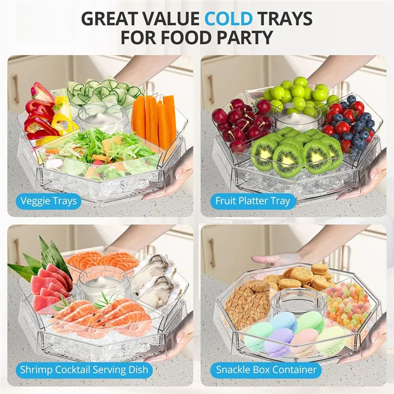 

ABZL Rotating Chilled Serving Tray,Ice Chilled Partys Platter With 5 Removable Compartment And Lid,Cocktail Serving Dish