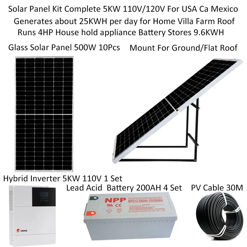 Solar System For Home Complete Kit 5000w Watt 5KW PV Panel 500W Growatt Hybrid Inverte Lead Acid Battery Rooftop Ground Mount