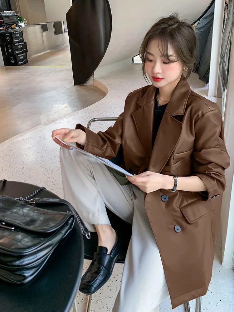 Korean Leather Moto Jacket Women Vintage Warm Loose Leather Suit Blazers Female Streetwear Casual Fashion Trend Thin Biker Coats