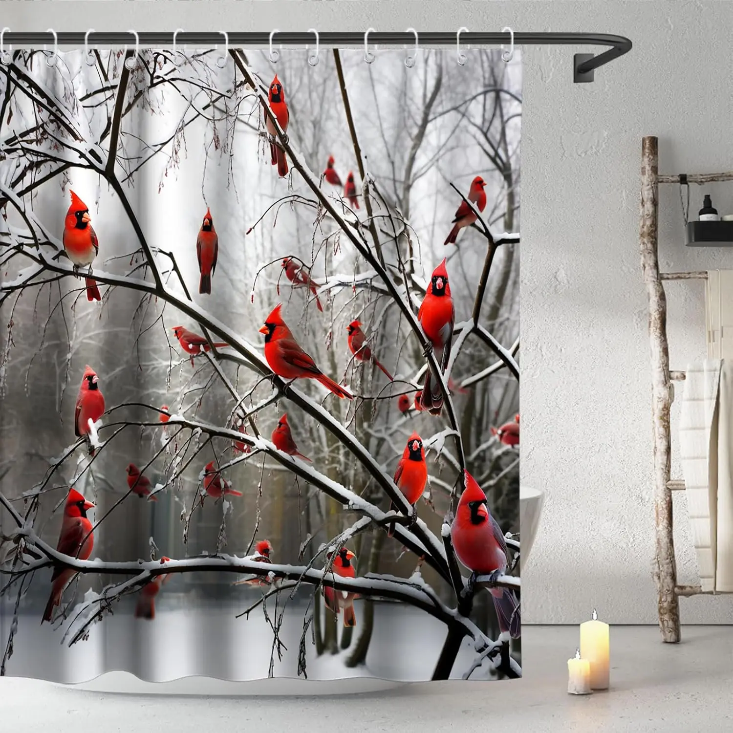 

Занавески для душа с лесным деревом, милые кардинальные птицы на ветке, тематическая ткань, наборы декора для ванной комнаты с крючками, водонепроницаемые, моющиеся
